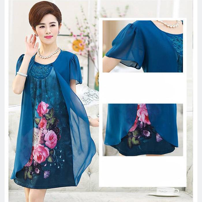 XL-XXXXXL Middle Aged Summer Printed Plus Size Skirt Mother's Dress Mid-length Imitation Silk Chiffon Yarn