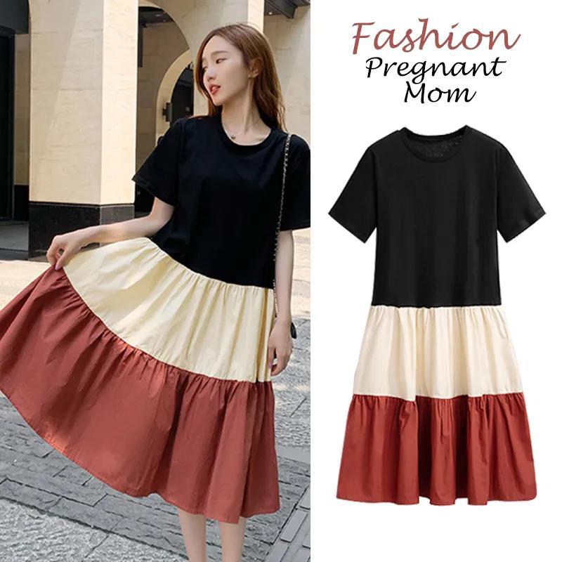 Dress Stitching Contrast Color Skirt Women's Loose Dress Round Neck Short-sleeved Large Skirt Casual Dress Fabric Light and Breathable Sweat-absorbent