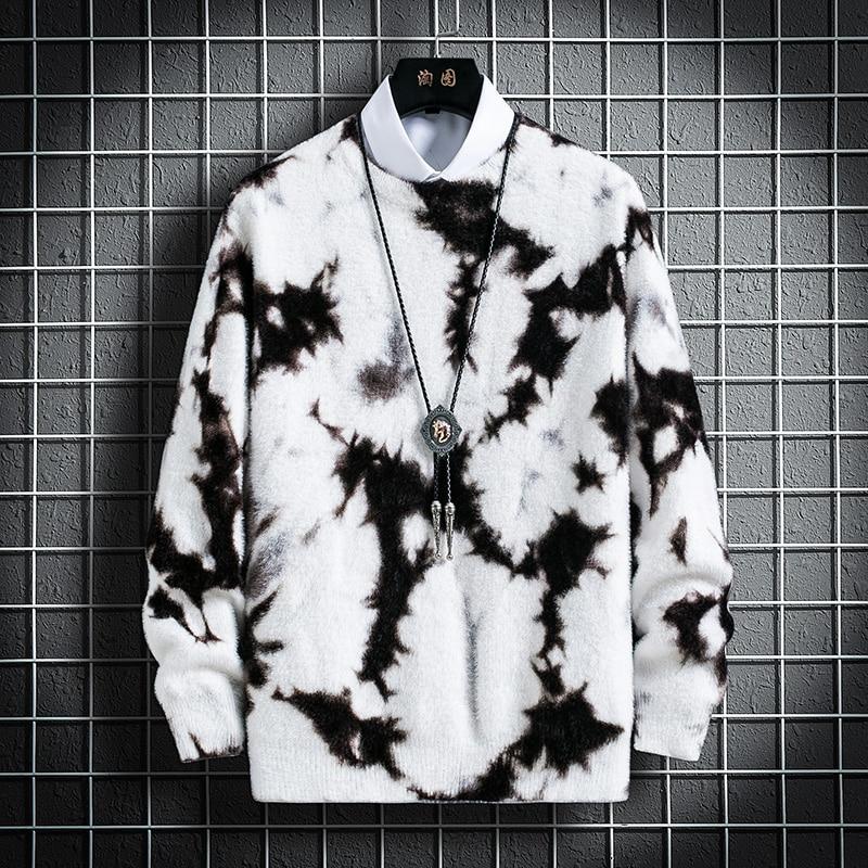 Men Sweater Autumn Winter Tie-dye Printing Men's Knitted Pullover Casual Long Sleeve Imitation Mink Warm Sweater