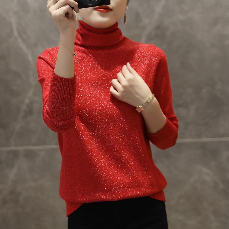 Women Solid Shiny Lurex Sweaters Autumn Winter ladies Long Sleeve Pullover Tops Heaps Collar knit Sweater