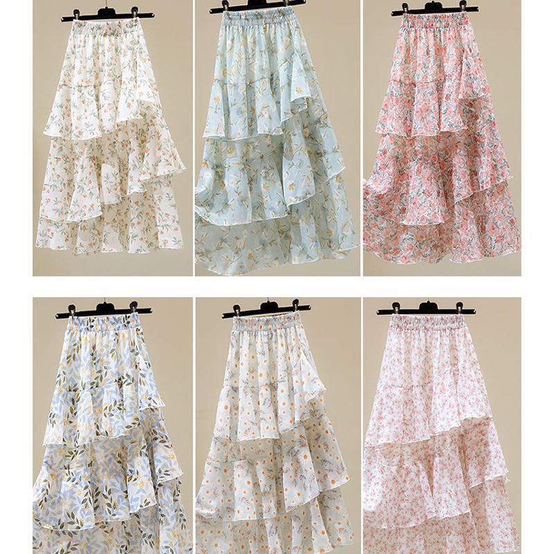 Printed Pattern Half-length Skirt Summer Floral Irregular Ruffled Wild A-line Super Fairy Cake Skirt Female Cute Skirt Fabric Light and Breathable