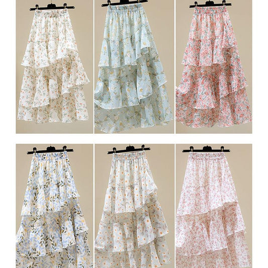 Printed Pattern Half-length Skirt Summer Floral Irregular Ruffled Wild A-line Super Fairy Cake Skirt Female Cute Skirt Fabric Light and Breathable