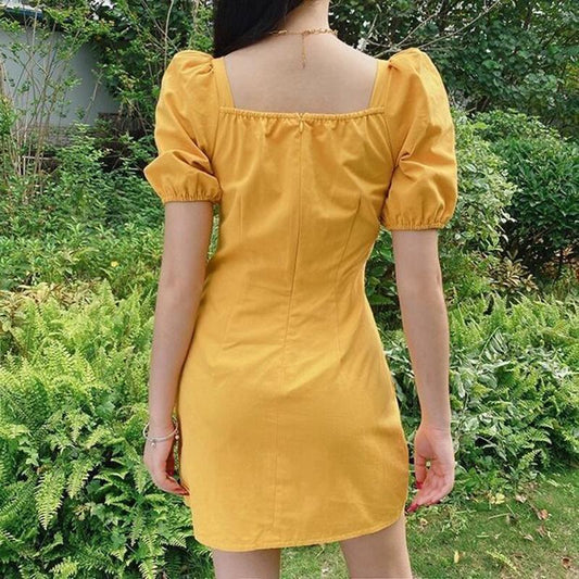Ladies Short Dress French Palace Puff Sleeve Bow Sexy Square Neck Slim Slimming Dress Female Bag Hip Dress Retro Style