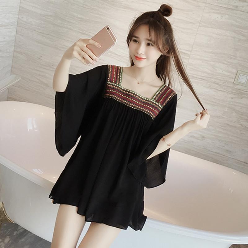 Ethnic Style Chiffon Dress Women Loose and Thin Bat Sleeves Large Size Square Neckline above knee Solid Color