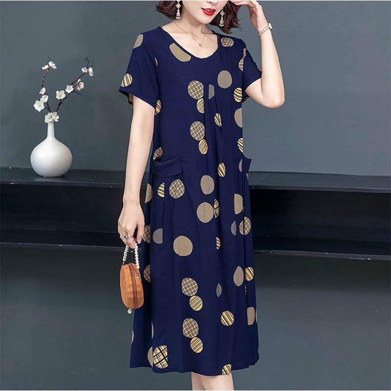 Mom Dress Cotton Silk Dress Large Size Covering Belly Short Sleeve Middle-aged and Older Women Fat People Floral Skirt
