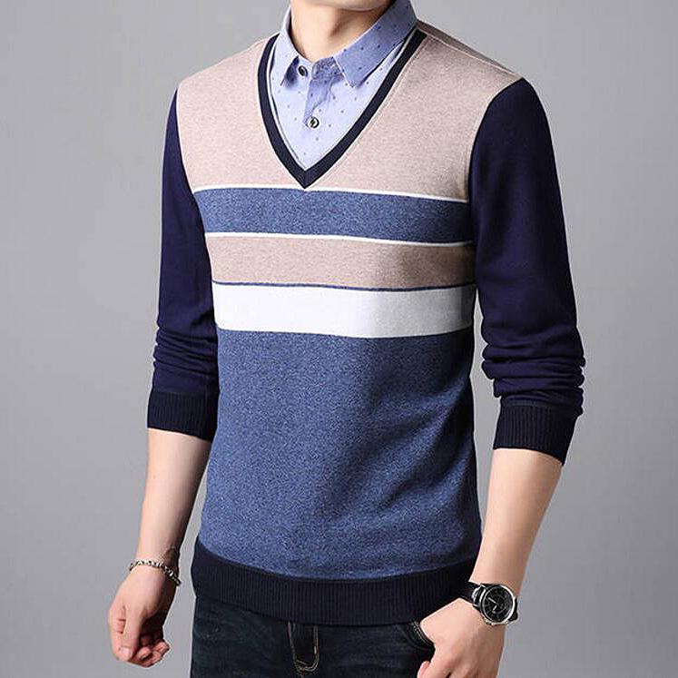 Sweater Men 2019 Pullover Sweater Male Fake Two Pieces Knitting Mens Sweaters Man Pullover Men