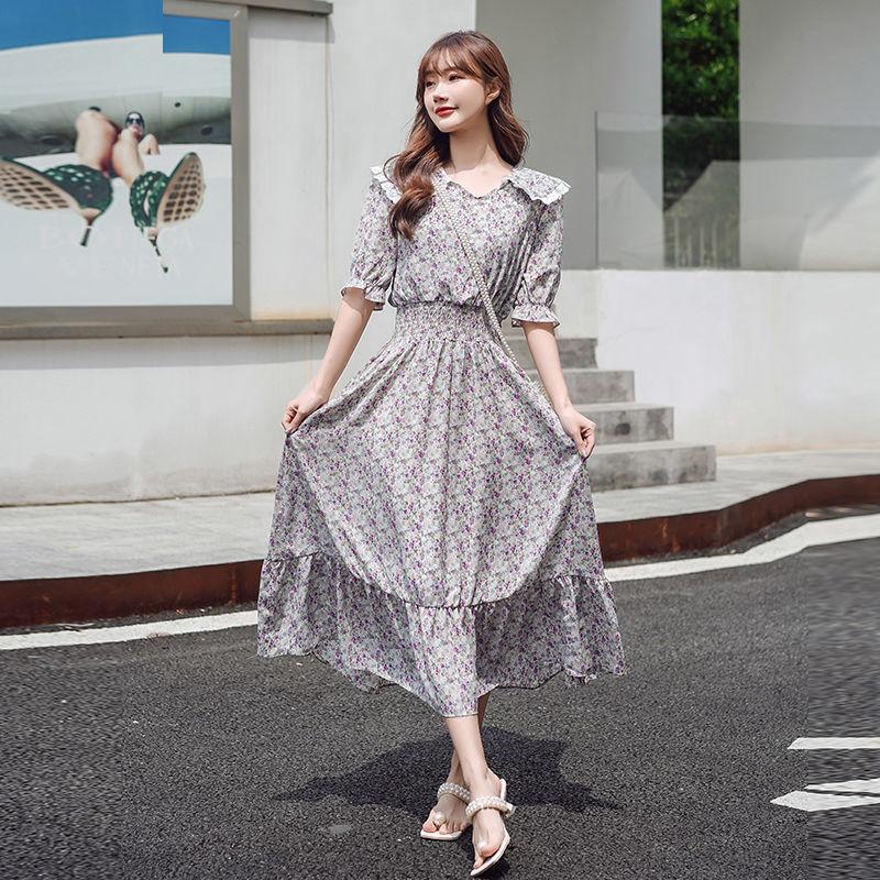 Women's Summer Dress with Waist and Thin French Retro Style Elegant and Sweet Chiffon Floral Mid-length Skirt Fabric Light and Breathable