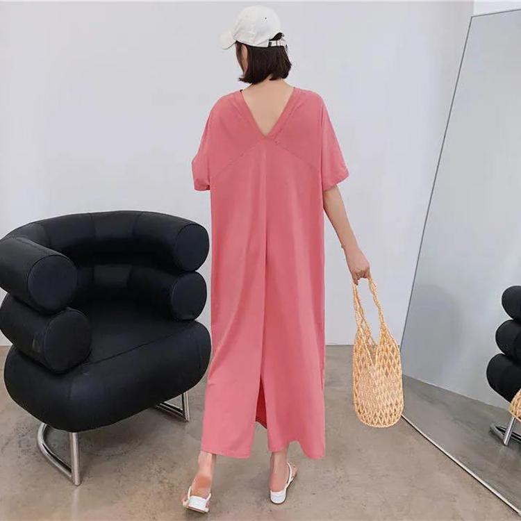 Large Size Slit T-shirt Dress Female Summer V-neck Loose Long Over-the-knee Open Back Long Dress