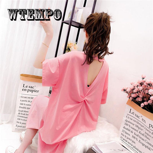 2019 Summer Korean Casual Women Dress Loose Cotton O Neck Short Sleeve Tshirt Dress Plus Size