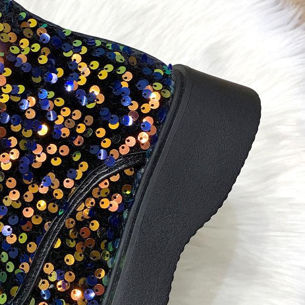 Winter Women's Sequined Snow Boots Plus Velvet Thick Warm Cotton Shoes Large Size Non-slip Thick Bottom Boots