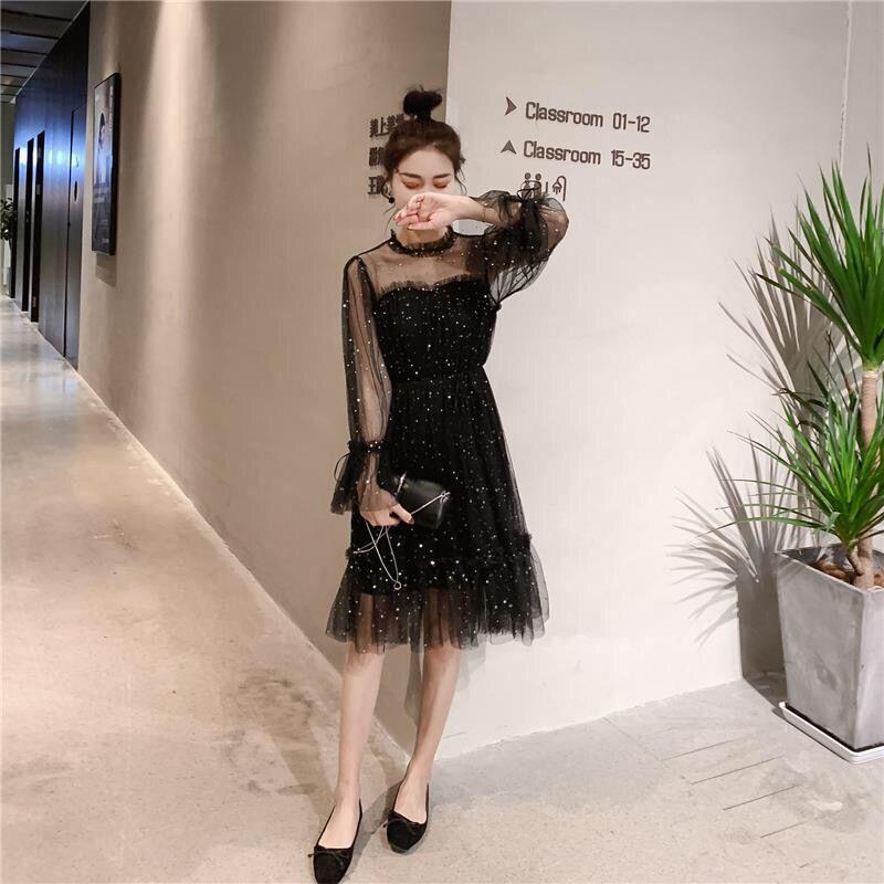 Spring and Summer Sweet Mesh Dress Female Student Sequined Tie Bow Long Skirt
