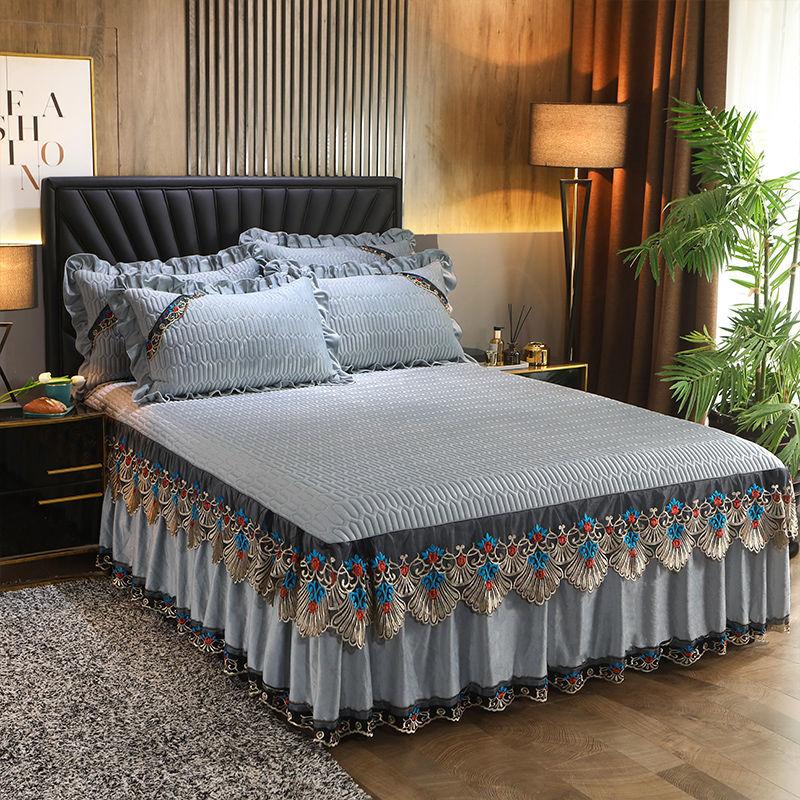 3pcs/set Crystal Velvet Padded Bed Skirt Lace Autumn and Winter Sheets European-style Simmons Protective Cover