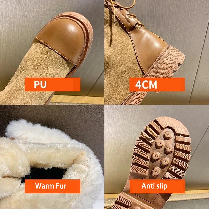 Women's Boots Winter Shoes Fur Boots Warm Plush Snow Boots Black Ankle Booties Back Lace Up Fashion Punk Shoes