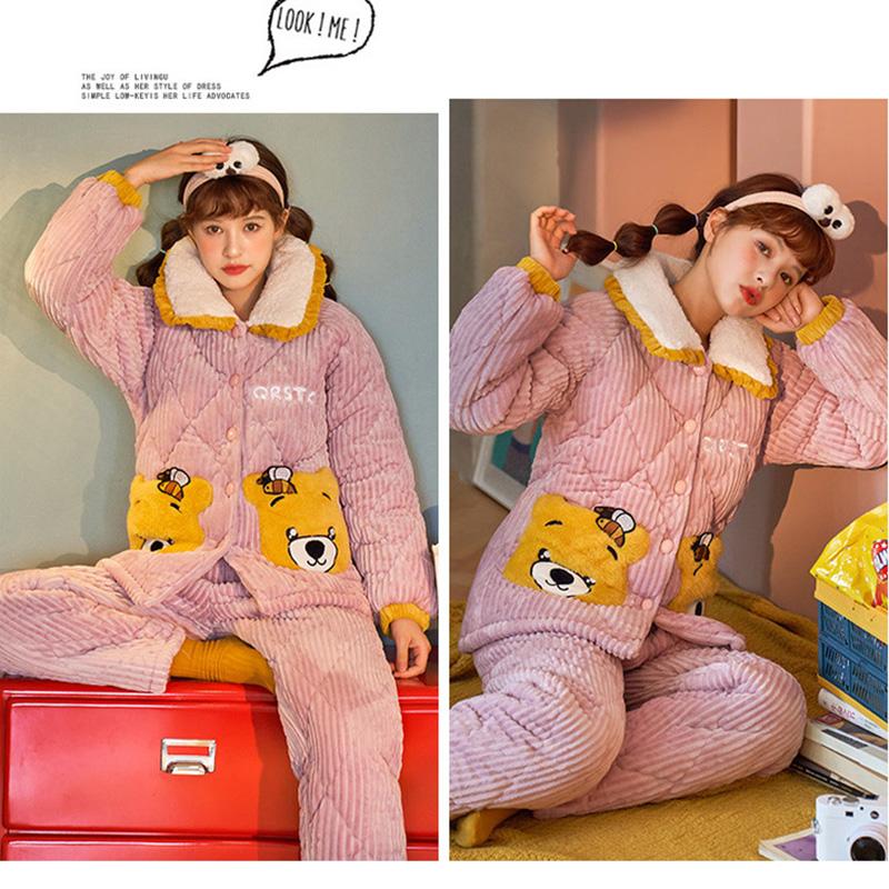 Cute Coral Velvet Soft Warm Pajamas for Women In Winter Plus Velvet Thickening Three-layer Quilted Women Can Wear Home Service Suits