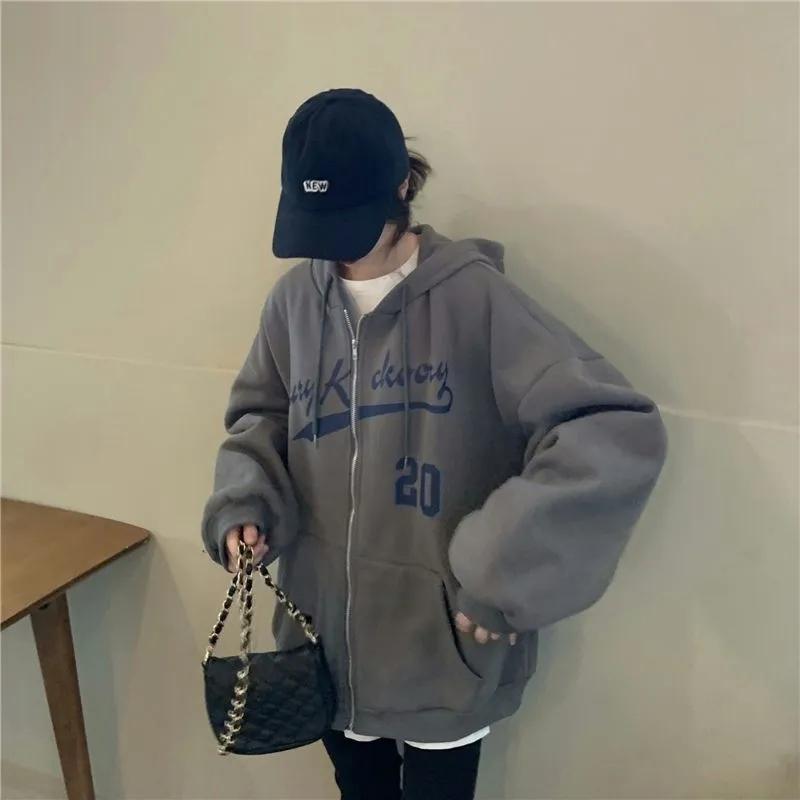 Fleece Thickened Hooded Sweater Women's Winter Loose Lazy Wind Zipper Cardigan Student Jacket Sports Casual Coat