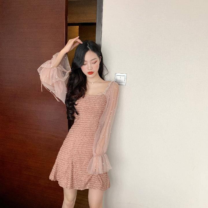 Spring Women's Temperament Mid-length Mesh Gauze Stitching Long Sleeves Waist Slimming Dress