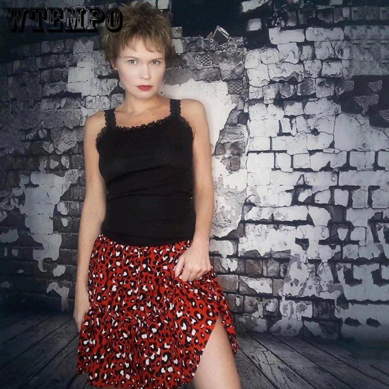Sexy Leopard Pleated Skirts Mini Boho Elastic High Waist Ruffles Elastic Waist High Above The Knee Skirt