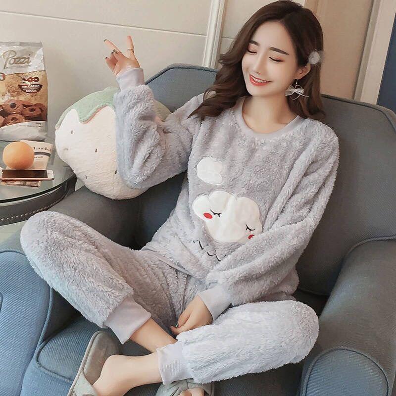 Korean Student Long-sleeved Thickened Flannel Plus Size Home Service Suit Female Winter Coral Fleece Cute Pajamas