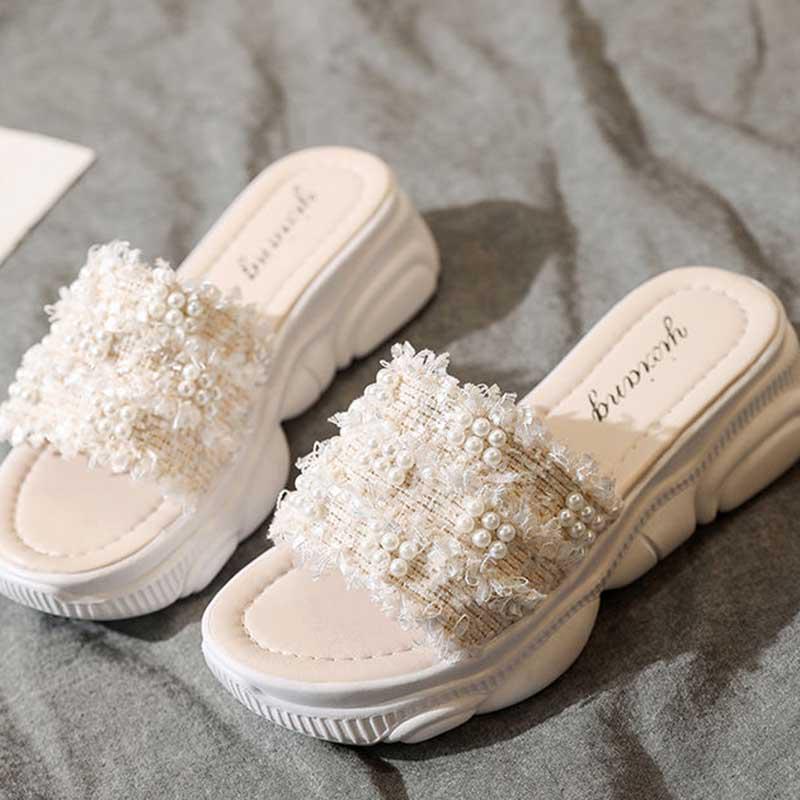 35-40 Summer Women All-match Shiny Slippers Outdoor Pearl High Heels Sandals Bohemian Beach Wear-resistant Non-slip Slippers Wedge Platform Sandals