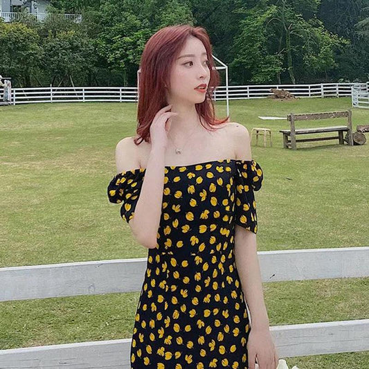 Women's Summer Floral Dress Square Neck Puff Sleeves Thin Mid-Length Skirt