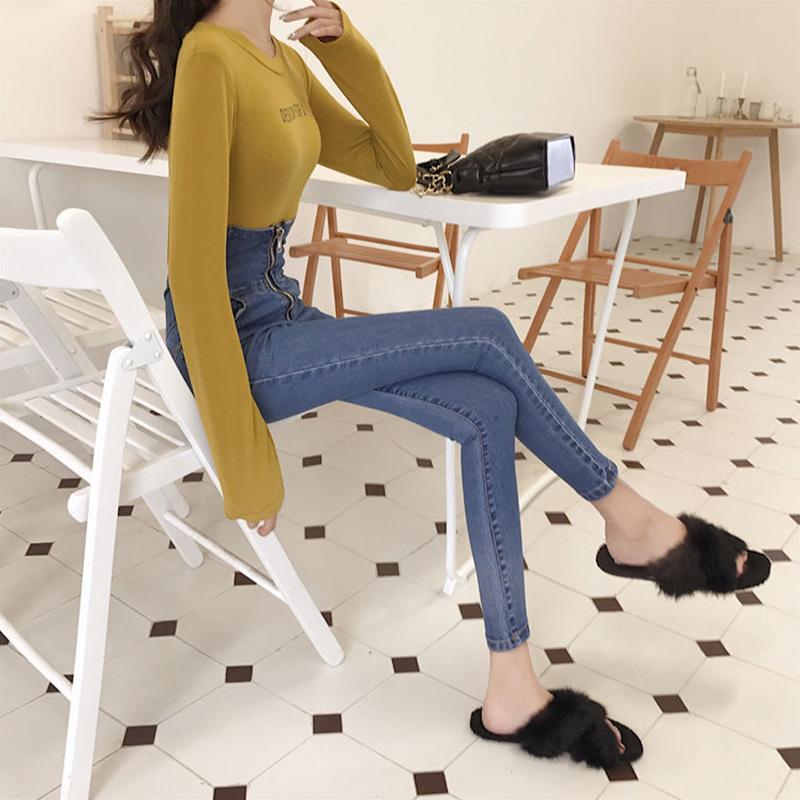 Women's Spring and Autumn High-waisted Thin Feet Pencil Pants Girls All-match Elastic Skinny Jeans