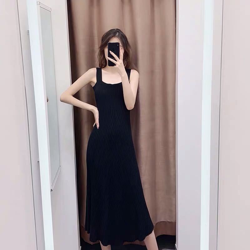 Female Knitted Spring Base Holiday Dress Slim A-line Sleeveless Solid Color Casual Elegant Dress