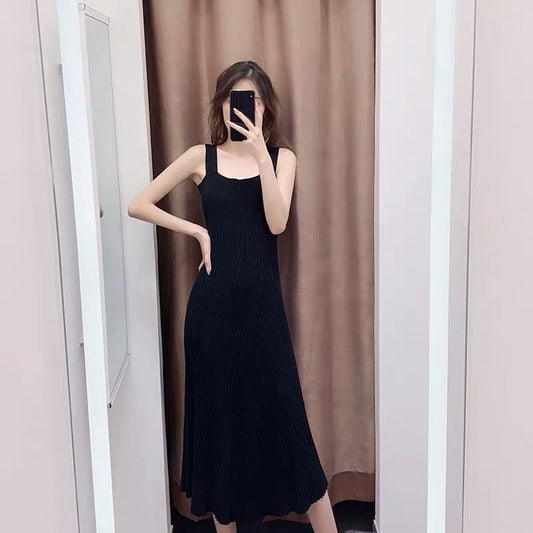 Female Knitted Spring Base Holiday Dress Slim A-line Sleeveless Solid Color Casual Elegant Dress