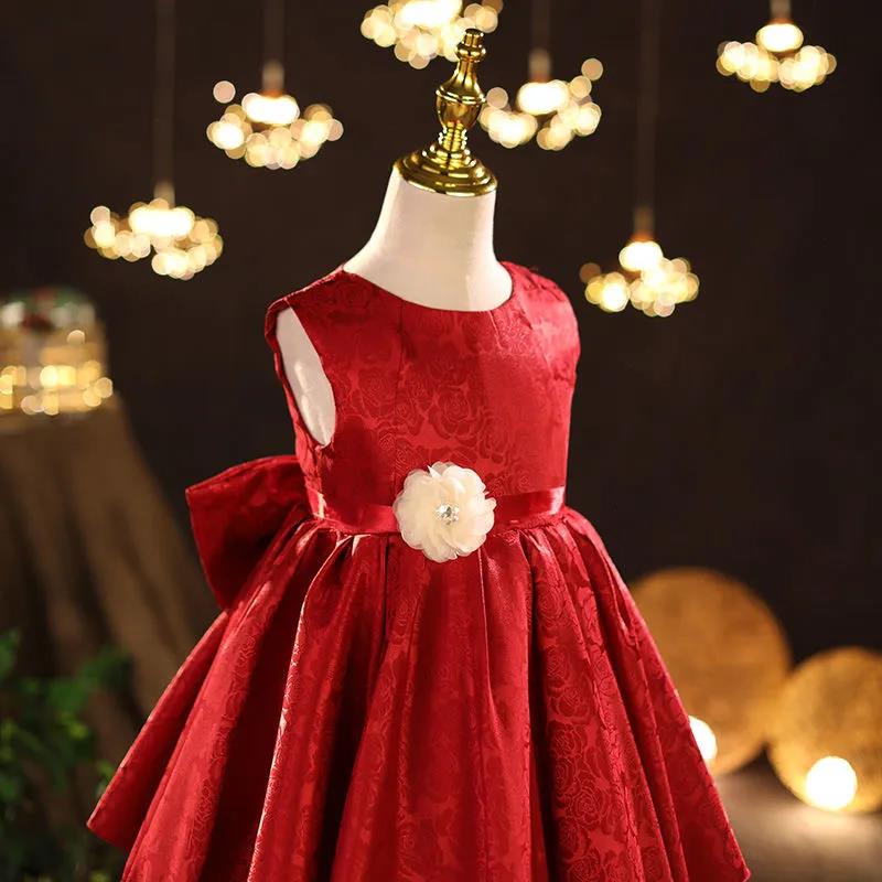Red Children's Evening Dress Wedding Flower Girl Dress Princess Skirt Girl Baby Sweet Temperament Tutu Skirt Round Neck Sleeveless Waist