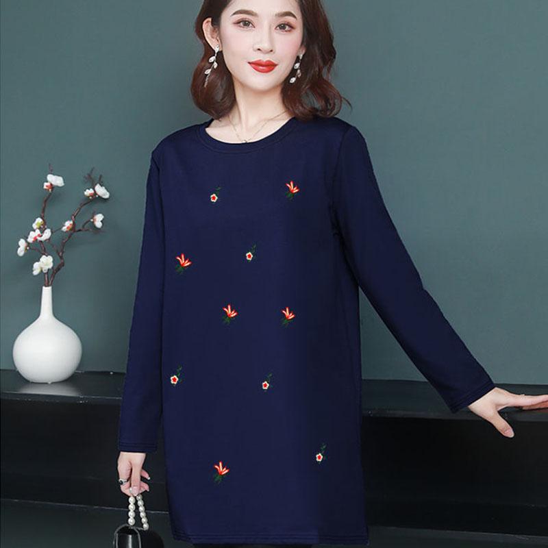 Women's Clothing Autumn and Spring Ladies Round neck Flower embroidery Long-sleeved Casual Loose T-shirt Pullover