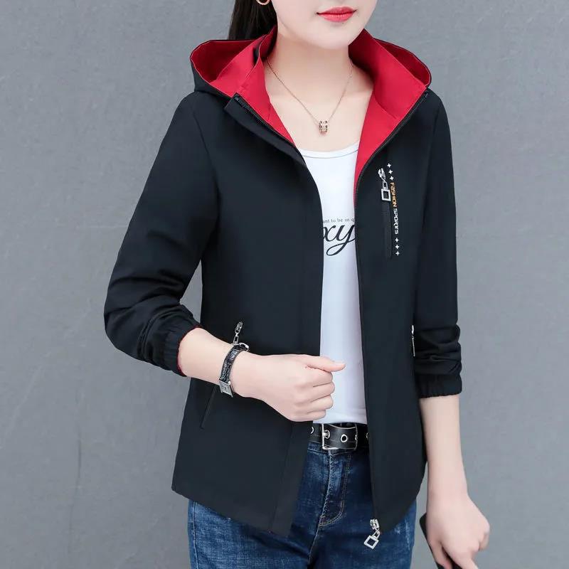 Reversible Wear Women Jacket Spring Hooded Coat Boutique Casual Windbreaker Soft and Comfortable Top Regular