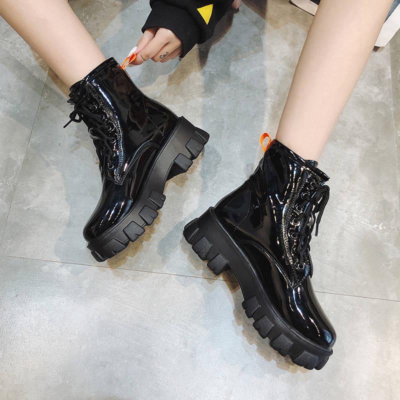 Women Winter Boots Motorcycle Ankle Boots Lace Up Shoes Woman Black PU Leather Zipper Martin Bootie