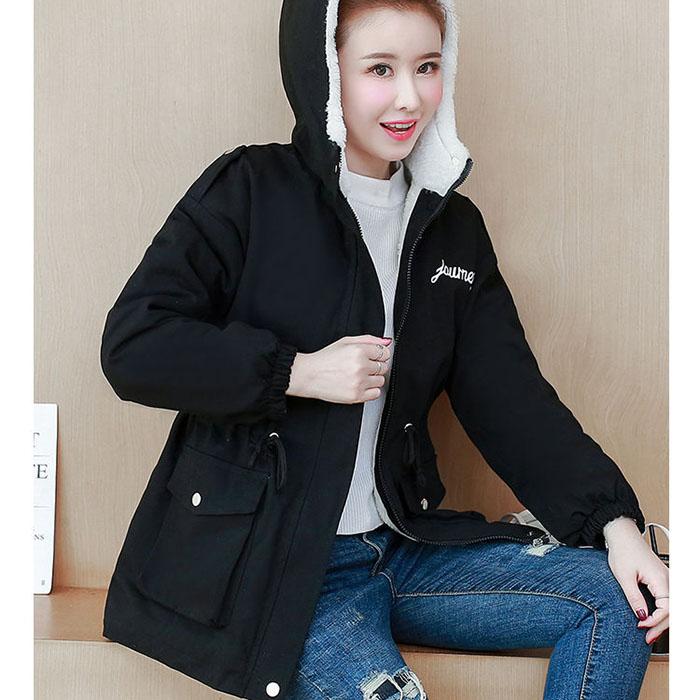 Autumn Winter Women Hooded Parka Jacket Short Thickened  Casual Loose Drawstring Windbreaker Jacket Plus Velvet Parka Coat