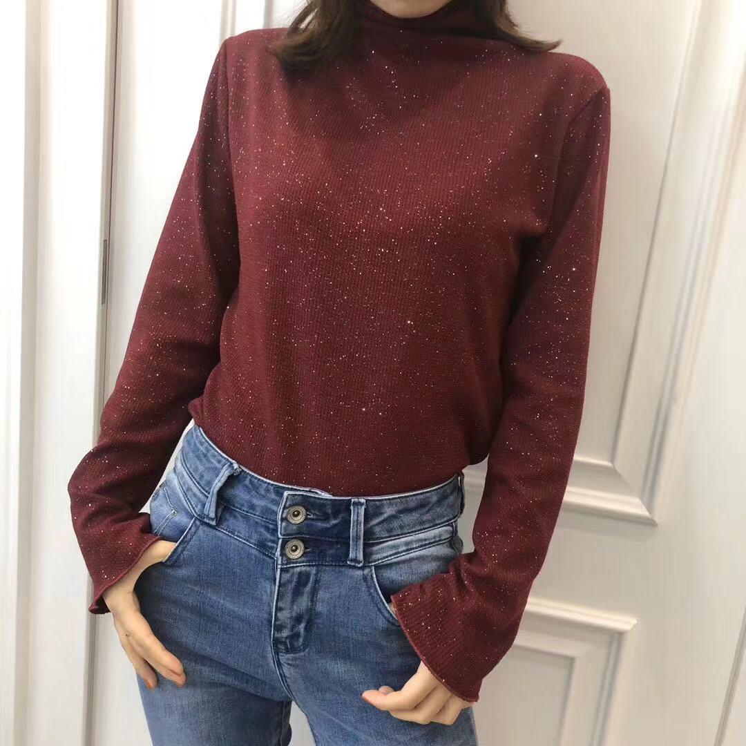 Winter Starry Bottom Shirt Thin Wild Long-sleeve Solid Color Knitted Thin Sweater Outwear