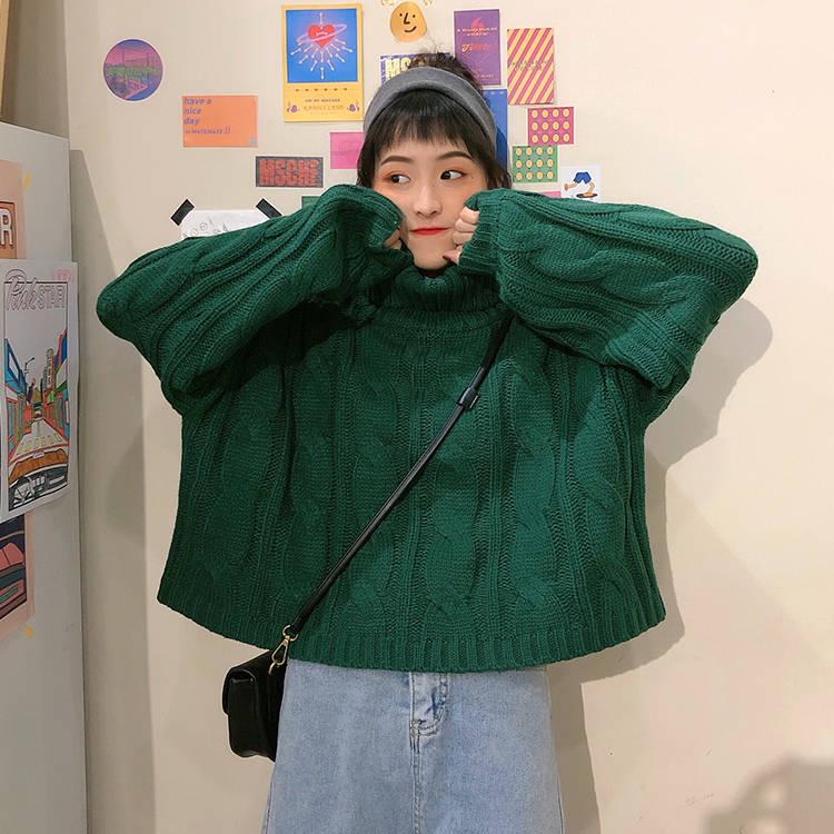 Solid Color Thick Turtleneck Sweater Autumn and Winter Loose Twist Pullover Knitted Sweater