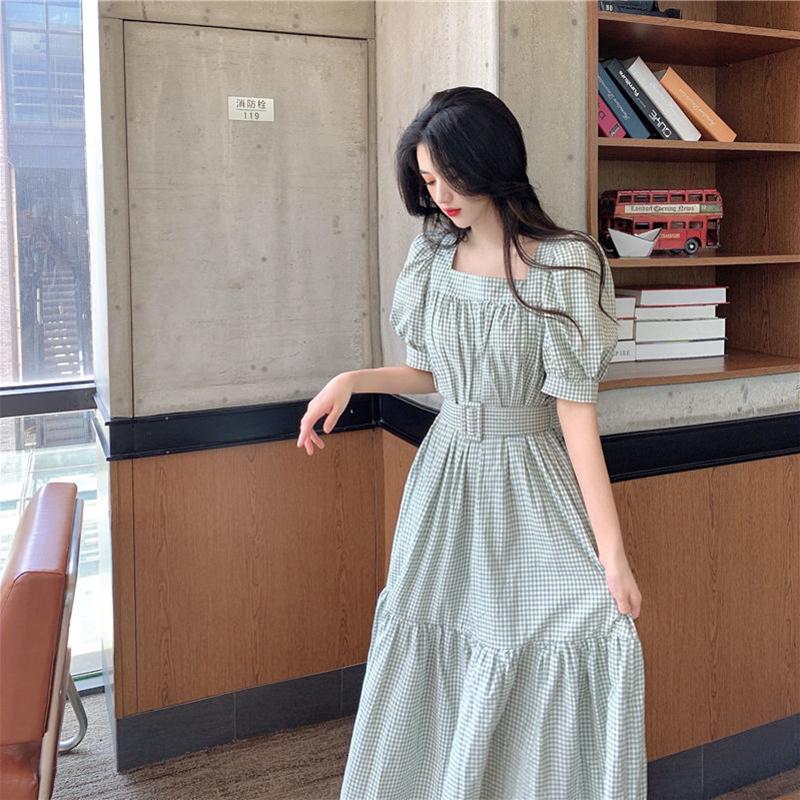 Women's French Retro Style Orange Dress with Puff Sleeves Square Collar Waist Waist Slim Dress