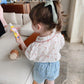 Children's Top Summer Thin Girl's Retro Style Shirt Floral Embroidery Bubble Sleeve Pleated Shirt