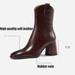 Soft Leather Boots Women Autumn  Winter Vintage Square Toe Short High-heeled Cowboy Boots Chunky Heel Ankle Boots