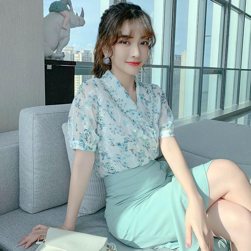 Chiffon Shirt Floral Short-sleeved Suit Female Sweet Temperament Thin Fishtail Skirt Two-piece Retro Style Skirt Chiffon Fishtail Skirt