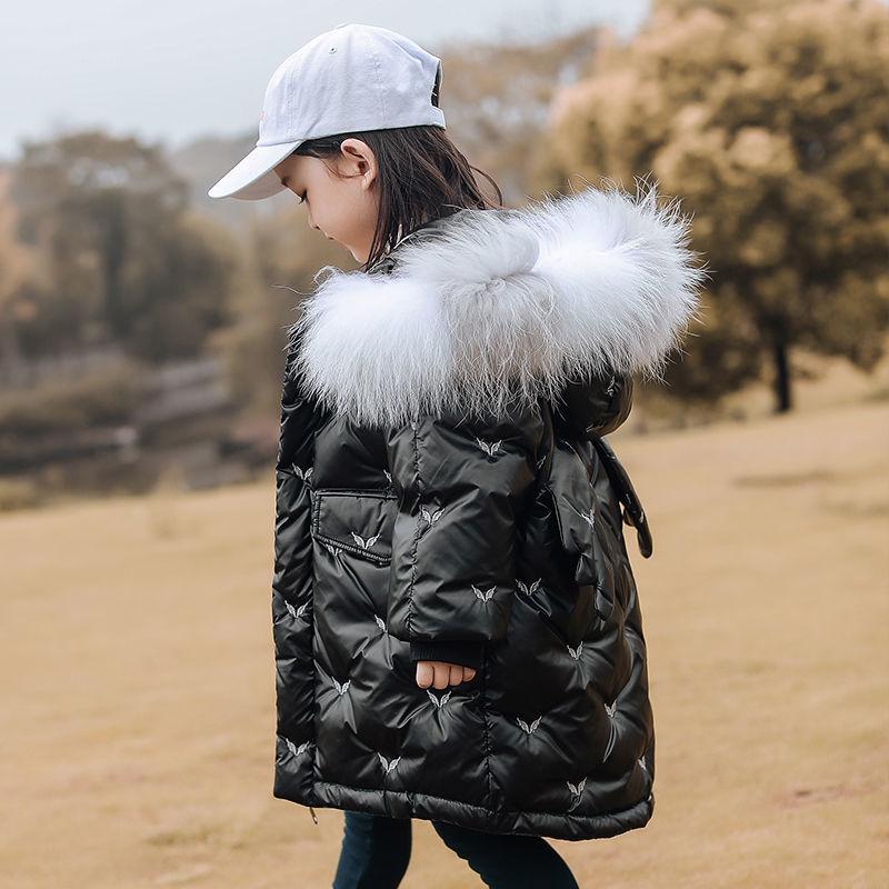 Girls' Warm and Windproof Down Jacket Children's Clothing Plus Velvet Mid-length Thickened Shiny Coat