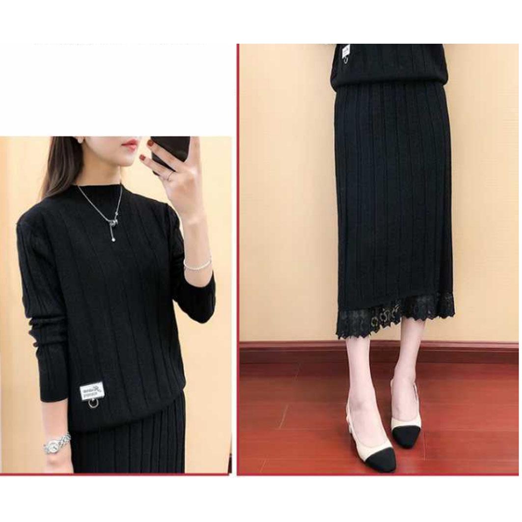 Women Sexy Winter Knitted Tops and Dress 2 Piece Set Fashion Lace DRESS and Sweater Two Piece Set