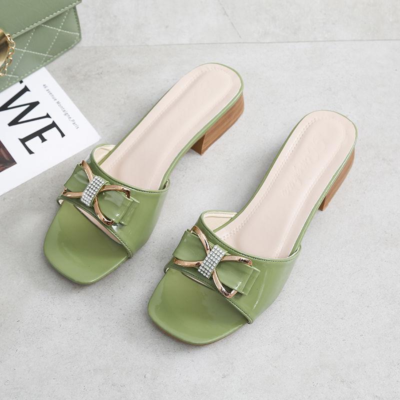 Thick Heel Slippers Women's Summer Fashion Wear Korean Version of Rhinestones All-match Non-slip Square Head Ladies Slippers