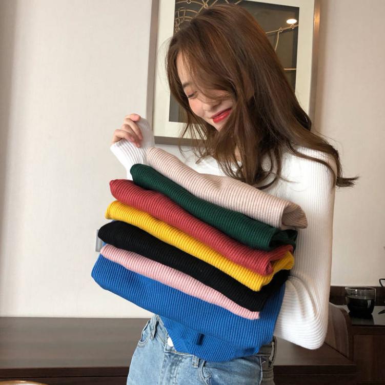 PofuLove Solid Color Simple Long Sleeve Bottoming Retro Round Neck Pullover Slim Sweater Sweater