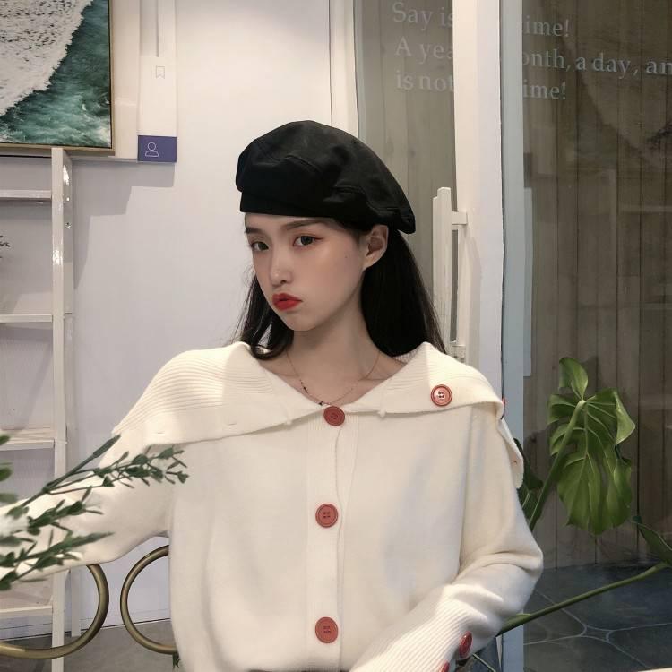 Pofulove Winter College Wind Irregular Strapless Navy Collar Loose Long Sleeve Knit Sweater