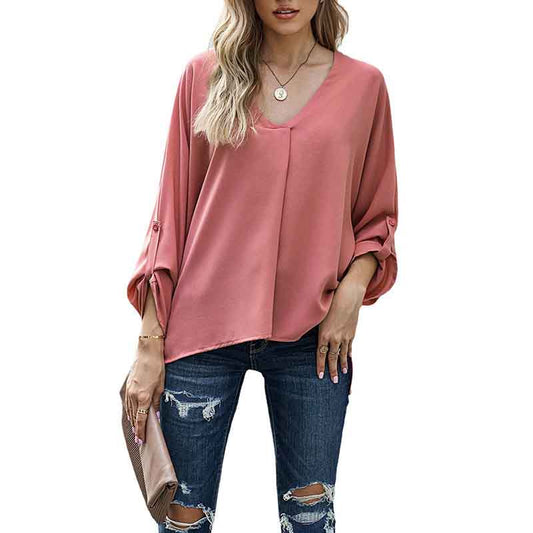 Chiffon Shirt Women's Spring and Summer Sexy V-neck Loose Large Size Shirt Fashion Long-sleeved Top