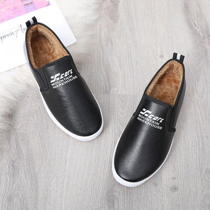 Winter PU Leather and Velvet Warm Casual Shoes Flat-bottomed Low-cut Non-slip Soft-soled Waterproof Shoes Women's Cotton Shoes Comfortable Pedal