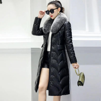 Winter PU Leather Down Jacket Fashion Faux Fox Fur Collar Leather Jacket Thicken Warm Mid-length Cotton Jacket