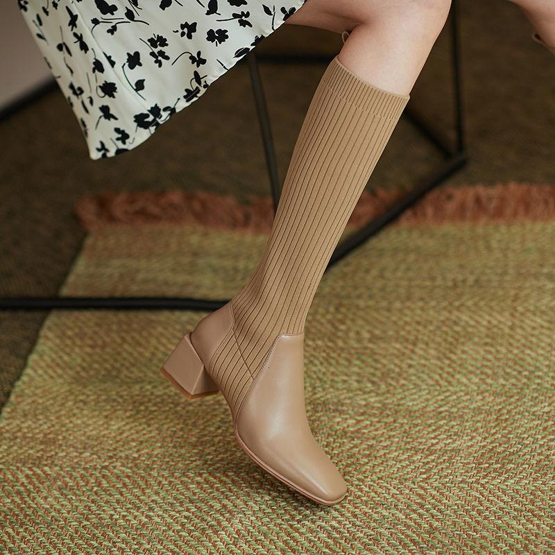 Women's Leather Socks and Long Boots But The Knee Is Thinner Stretch Knit Mid-tube High-heeled High Boots