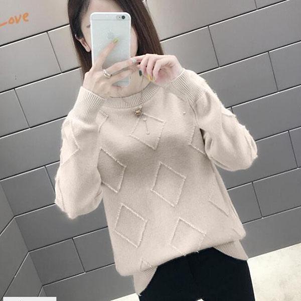 Fashion All-match Sweater Round Neck Loose Casual Bottoming Shirt Diamond Pattern Knitted Young Women's Top