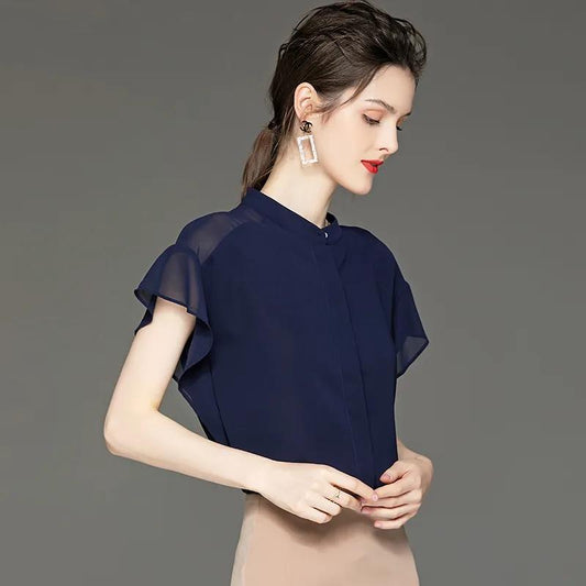 Women's Summer Chiffon Shirt T-shirt Loose Top Solid Color Short-sleeved Round Neck Shirt