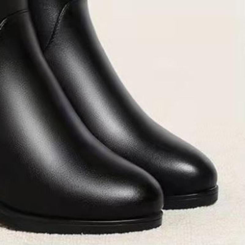 Winter Plus Velvet Mid-heel Leather Shoes, Women's Fashion Black Leather Mid-length Boots Side Zipper Cotton Boots